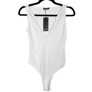 New Nasty Gal Size 6 White Ill V Seeing You Plunging Bodysuit Tank Top Ribbed